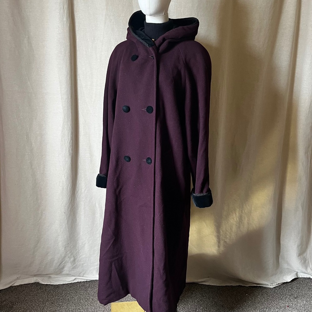 Albert Nipon‎ Studio Purple Wool Hooded Double Breasted Maxi Coat Fits M/L